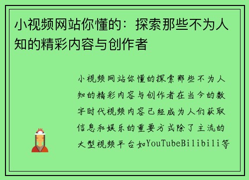 小视频网站你懂的：探索那些不为人知的精彩内容与创作者